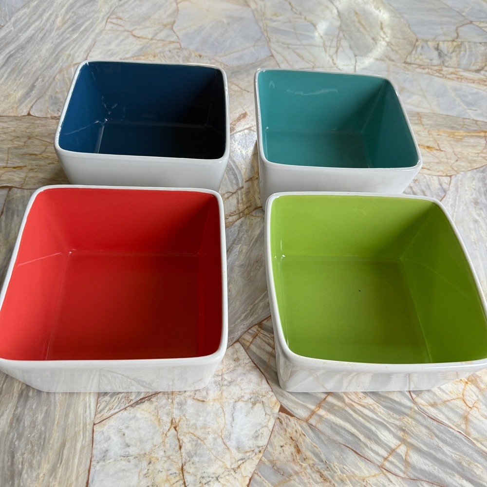 Over and Back Square Stoneware Bowls Set of 4 Multicolor Interior White Exterior